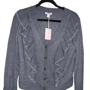 Lauren Conrad Ruffle Cardigan M Charcoal Gray Long Sleeve Recycled Polyester Wom
